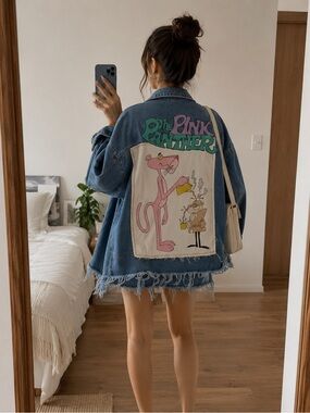Zara Pink Panther Graphic Denim Jacket Frayed Oversized Jean Jacket Size S-M